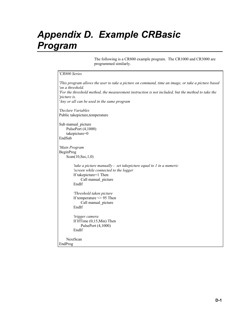 Appendix d. example crbasic program | Campbell Scientific CC640 Digital Camera User Manual | Page 55 / 58