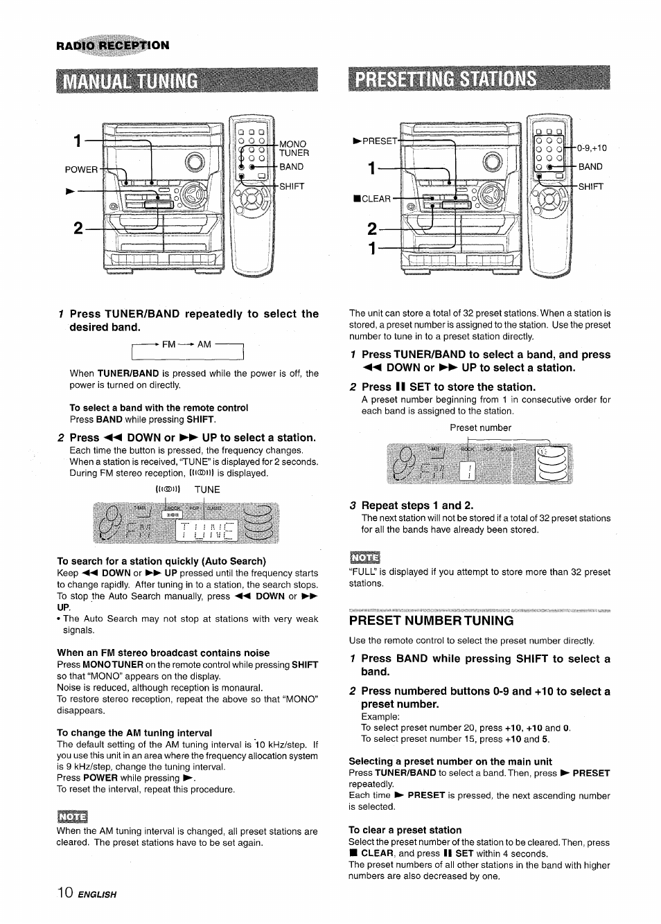 Press ◄◄ down or ►► up to select a station, 2 press ii set to store the station, 3 repeat steps 1 and 2 | To search for a station quickly (auto search), When an fm stereo broadcast contains noise, To change the am tuning intervai, Preset number tuning, 1 press band while pressing shift to select a band, Selecting a preset number on the main unit, To clear a preset station | Aiwa NSX-A111 User Manual | Page 10 / 56