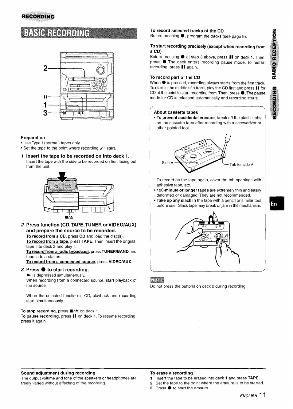Preparation, 1 insert the tape to be recorded on into deck 1, 3 press # to start recording | To record selected tracks of the cd, To record part of the cd, About cassette tapes, Sound adjustment during recording, To erase a recording | Aiwa NSX-A111 User Manual | Page 11 / 56