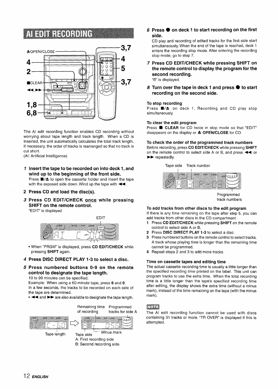 To stop recording, To clear the edit program, To check the order of the programmed track numbers | To add tracks from other discs to the edit program, Time on cassette tapes and editing time | Aiwa NSX-A111 User Manual | Page 12 / 56