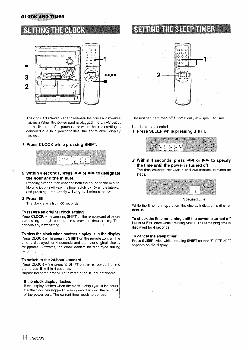 1 press clock while pressing shift, 1 press sleep while pressing shift, 3 press ii | To cancel the sleep timer, To switch to the 24-hour standard, If the clock display flashes | Aiwa NSX-A111 User Manual | Page 14 / 56
