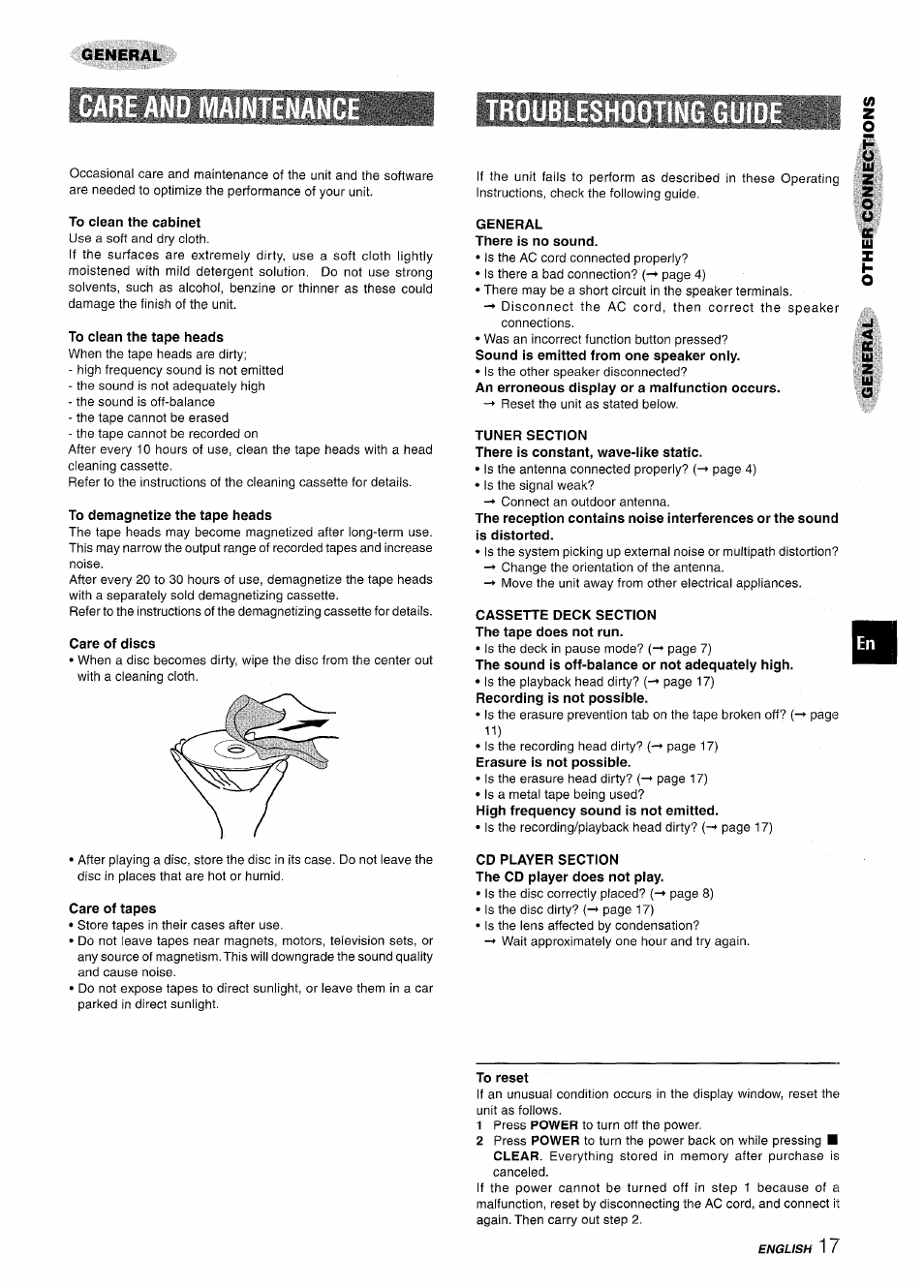 To clean the cabinet, To clean the tape heads, To demagnetize the tape heads | Care of discs, Care of tapes, General there is no sound, Tuner section, Cassette deck section the tape does not run, Cd player section the cd player does not play, To reset | Aiwa NSX-A111 User Manual | Page 17 / 56