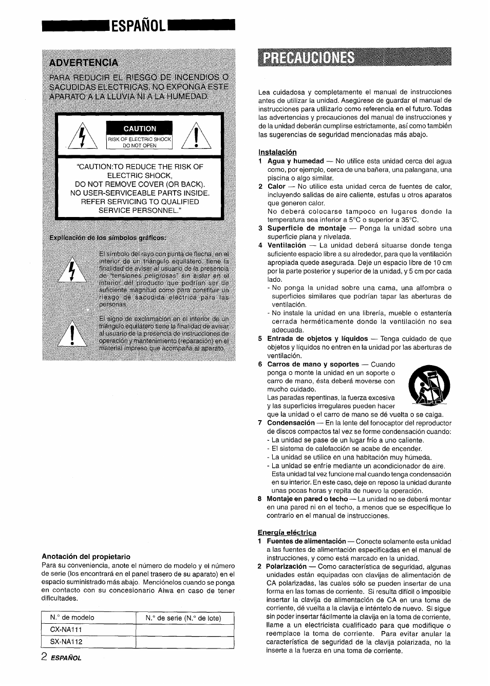 Lespañoli, Advertencia, Caution | Instalación, Anotación del propietario, Energía eléctrica | Aiwa NSX-A111 User Manual | Page 20 / 56
