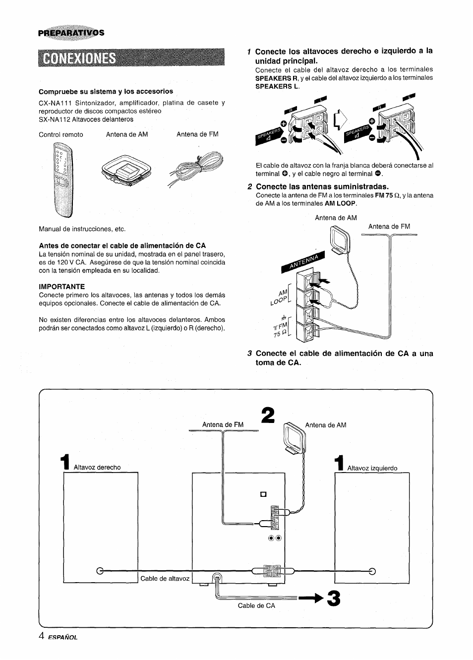 Compruebe su sistema y los accesorios, Antes de conectar el cable de alimentación de ca, Importante | 2 conecte las antenas suministradas | Aiwa NSX-A111 User Manual | Page 22 / 56
