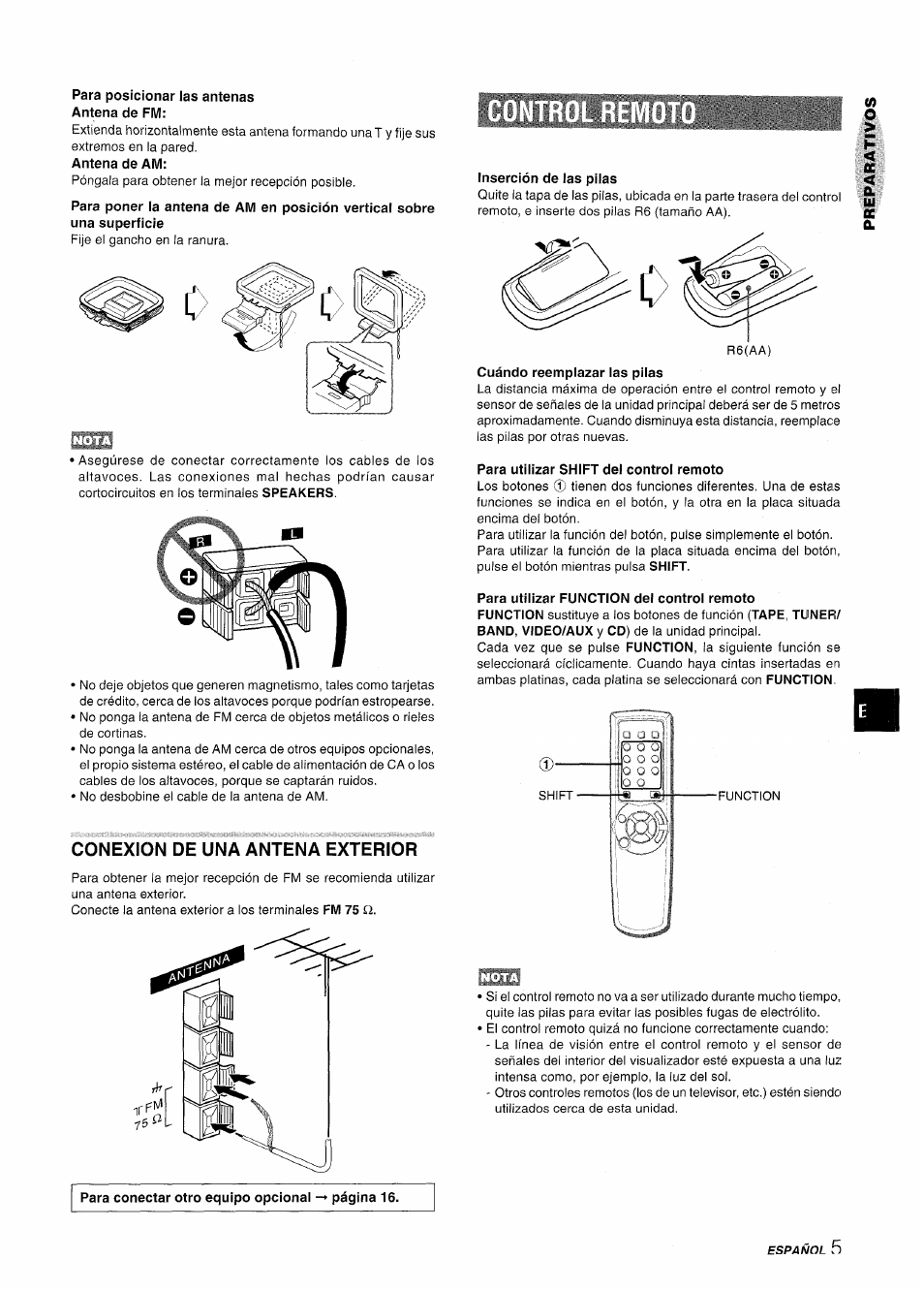 Para posicionar las antenas antena de fim, Antena de am, Conexion de una antena exterior | Inserción de las pilas, Cuándo reemplazar las pilas, Para utilizar shift del control remoto | Aiwa NSX-A111 User Manual | Page 23 / 56