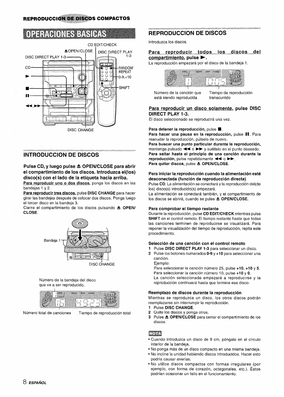 Introduccion de discos, Reproduccion de discos, Para detener la reproducción, pulse | Para comprobar ei tiempo restante, Selección de una canción con ei controi remoto, Reemplazo de discos durante ia reproducción, 1 pulse disc change | Aiwa NSX-A111 User Manual | Page 26 / 56