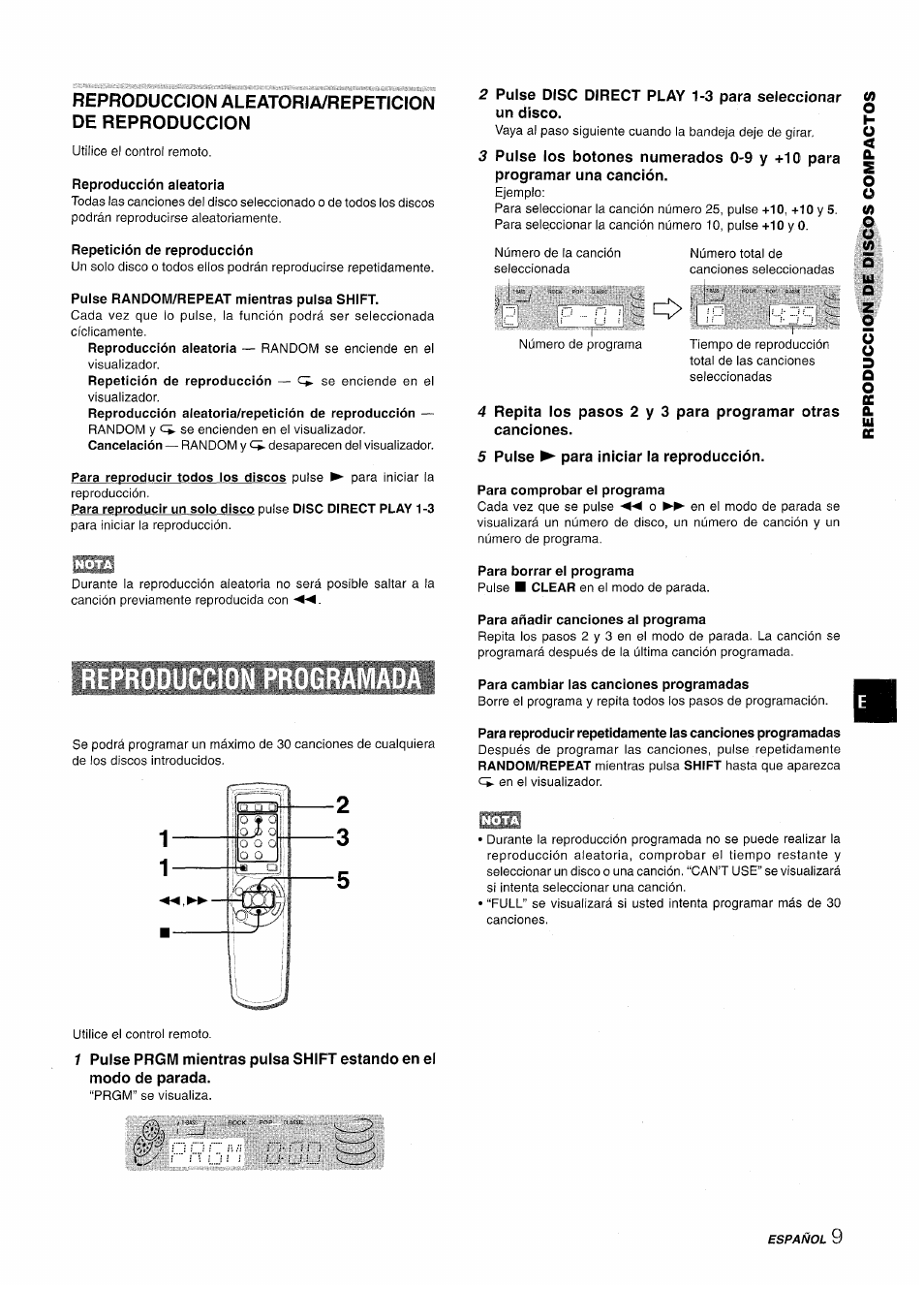 Reproduccion aleatoria/repeticion de reproduccion, Reproducción aleatoria, Repetición de reproducción | Pulse random/repeat mientras pulsa shift, Reproduccion programada, 5 pulse ► para iniciar la reproducción, Para comprobar el programa, Para borrar el programa, Para añadir canciones al programa, Para cambiar las canciones programadas | Aiwa NSX-A111 User Manual | Page 27 / 56