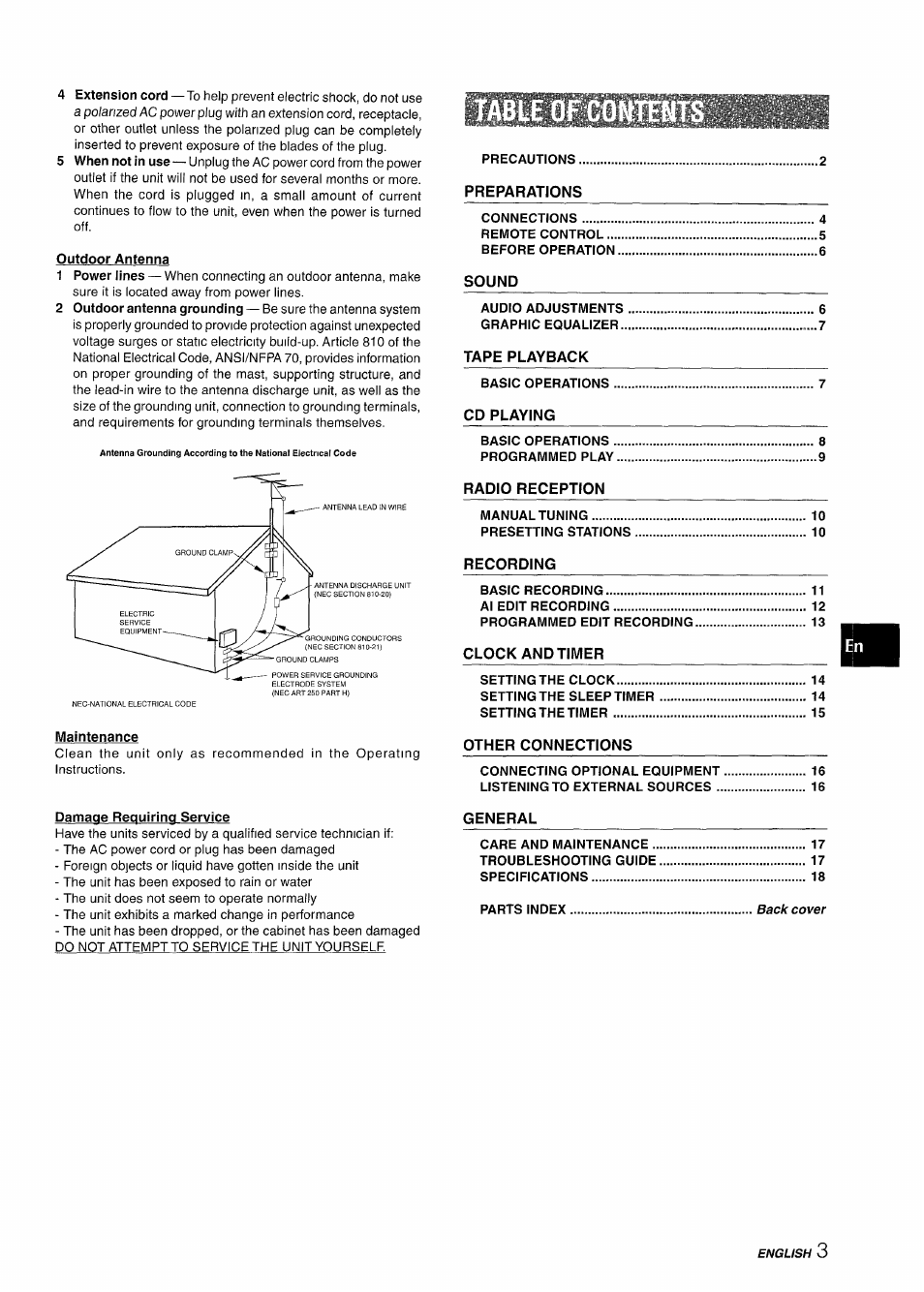 Outdoor antenna, Maintenance, Damage requiring service | Aiwa NSX-A111 User Manual | Page 3 / 56