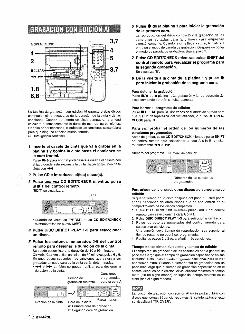 Para detener la grabación, Tiempo de las cintas de casete y tiempo de edición | Aiwa NSX-A111 User Manual | Page 30 / 56