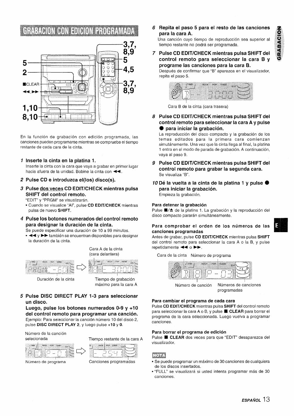 Para detener la grabación, Para cambiar el programa de cada cara, Para borrar el programa de edición | Aiwa NSX-A111 User Manual | Page 31 / 56