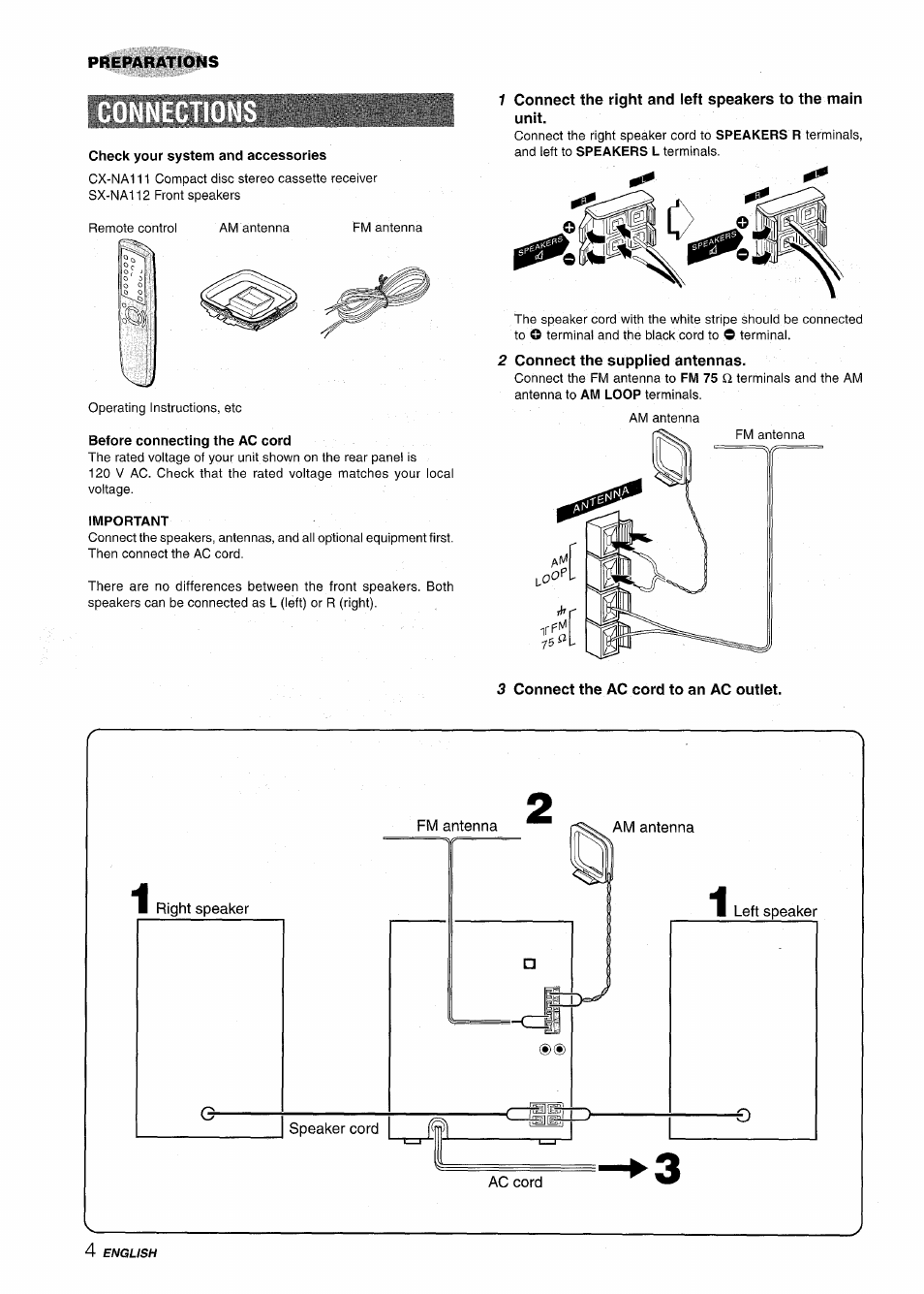 Check your system and accessories, Before connecting the ac cord, Iwlportant | 2 connect the supplied antennas, 3 connect the ac cord to an ac outlet | Aiwa NSX-A111 User Manual | Page 4 / 56