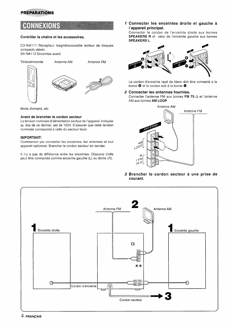 Contrôler la chaîne et les accessoires, Avant de brancher le cordon secteur, Important | 2 connecter les antennes fournies | Aiwa NSX-A111 User Manual | Page 40 / 56