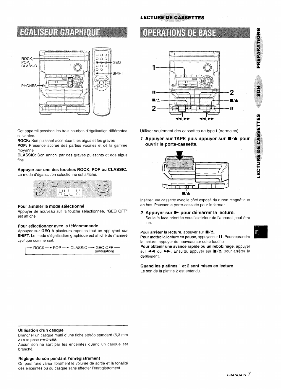 Appuyer sur une des touches rock, pop ou classic, Pour annuler le mode sélectionné, Pour sélectionner avec ia télécommande | 2 appuyer sur ► pour démarrer la lecture, Utilisation d’un casque, Quand les platines 1 et 2 sont mises en lecture, Réglage du son pendant l’enregistrement | Aiwa NSX-A111 User Manual | Page 43 / 56