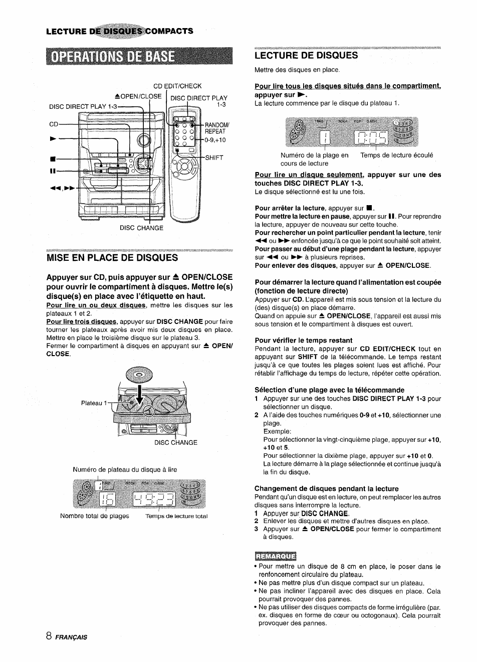 Operatio, Mise en place de disques, Lecture de disques | Pour vérifier le temps restant, Sélection d’une piage avec ia téiécommande, Changement de disques pendant la lecture | Aiwa NSX-A111 User Manual | Page 44 / 56