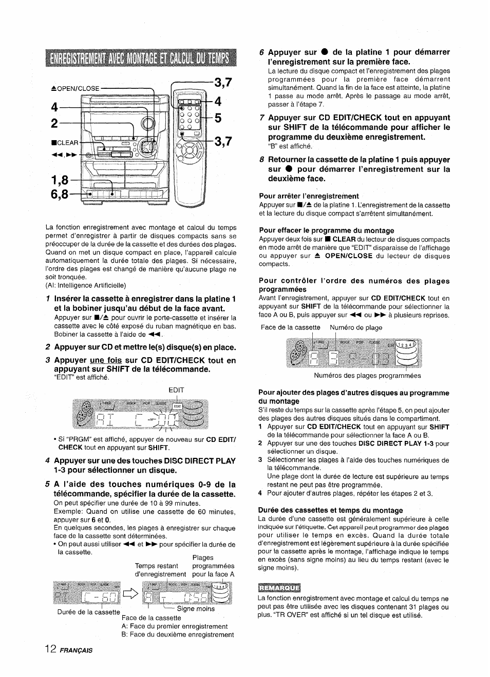 Pour arrêter l’enregistrement, Pour effacer le programme du montage, Durée des cassettes et temps du montage | Aiwa NSX-A111 User Manual | Page 48 / 56