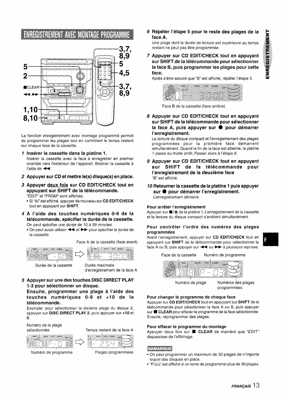 Pour arrêter l’enregistrement, Pour changer le programme de chaque face, Pour effacer le programme du montage | Aiwa NSX-A111 User Manual | Page 49 / 56