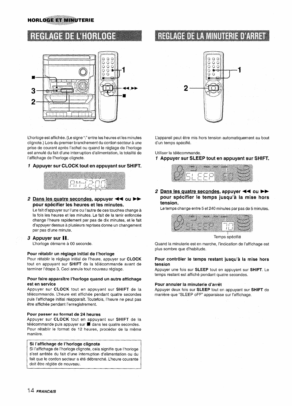 Reglage de la minuterie d'arret, 1 appuyer sur clock tout en appuyant sur shift, 3 appuyer sur ii | Pour rétablir un réglage initial de l’horloge, I appuyer sur sleep tout en appuyant sur shift, Pour annuler la minuterie d’arrêt, Pour passer au format de 24 heures, Si l’affichage de l’horloge clignote | Aiwa NSX-A111 User Manual | Page 50 / 56