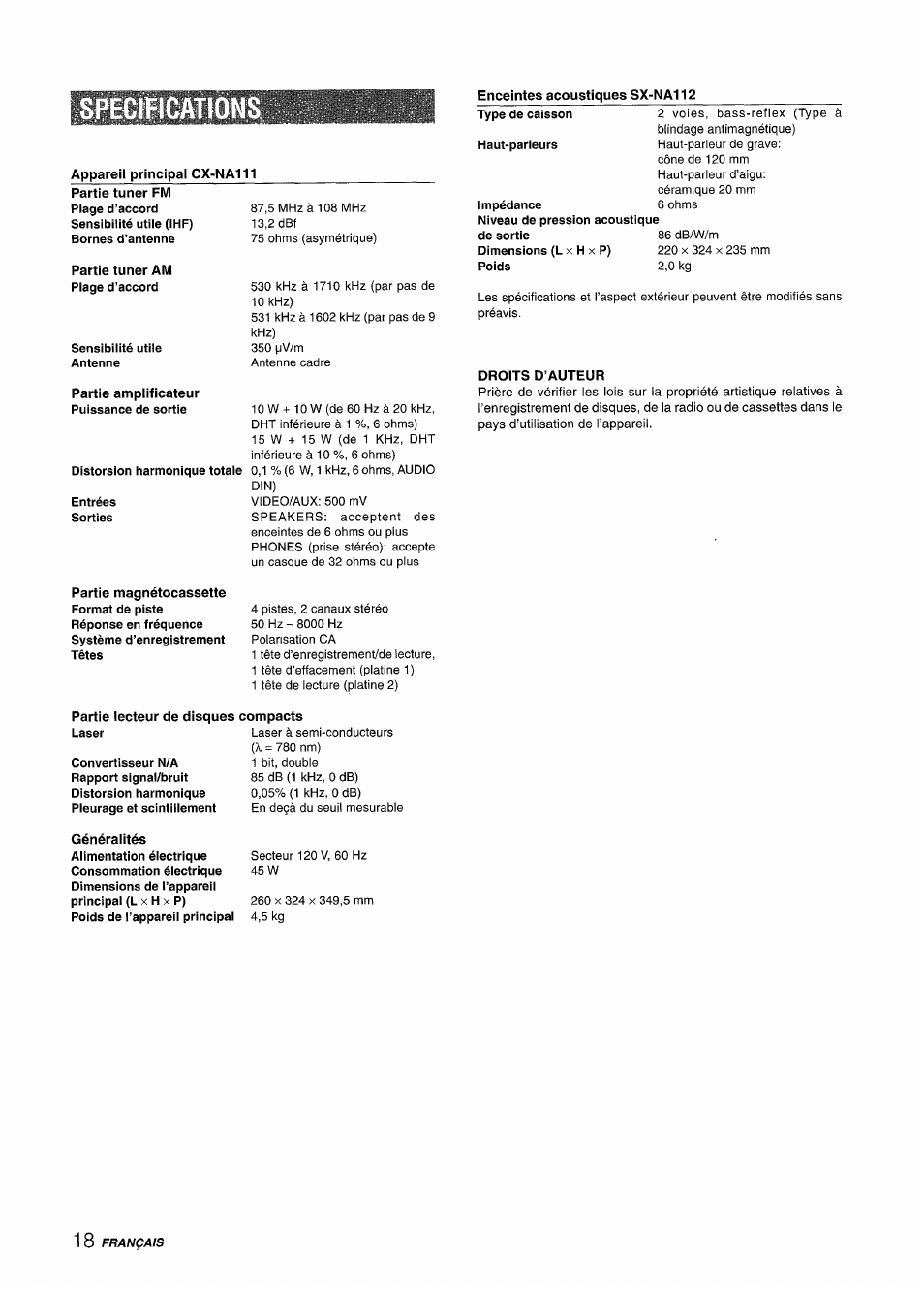 Specification, Appareil principal cx-na111, Enceintes acoustiques sx-na112 | Droits d’auteur, Partie lecteur de disques compacts | Aiwa NSX-A111 User Manual | Page 54 / 56