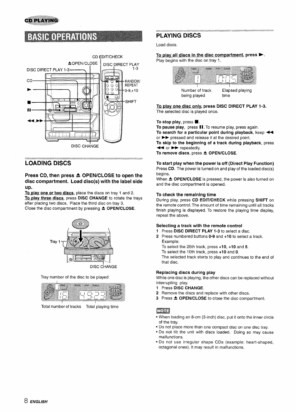 Loading discs, Playing discs, To play all discs in the disc compartment, press | To play one disc only, press disc direct play 1-3, To check the remaining time, Selecting a track with the remote control, Replacing discs during play, 1 press disc change | Aiwa NSX-A111 User Manual | Page 8 / 56