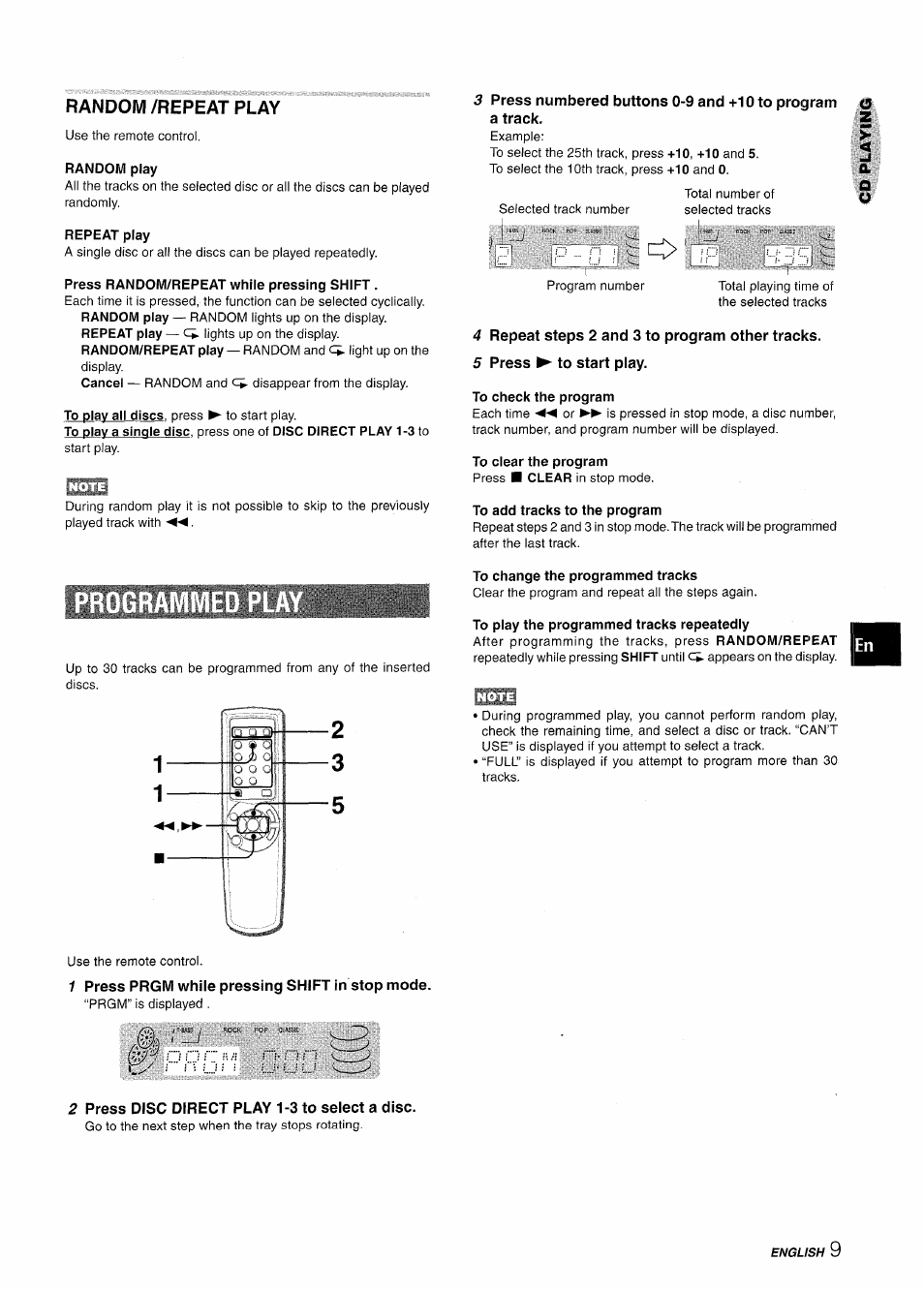 Random /repeat play, Random play, Repeat play | Press random/repeat while pressing shift, 4 repeat steps 2 and 3 to program other tracks, 5 press ► to start play, To check the program, To add tracks to the program, To change the programmed tracks, To play the programmed tracks repeatedly | Aiwa NSX-A111 User Manual | Page 9 / 56