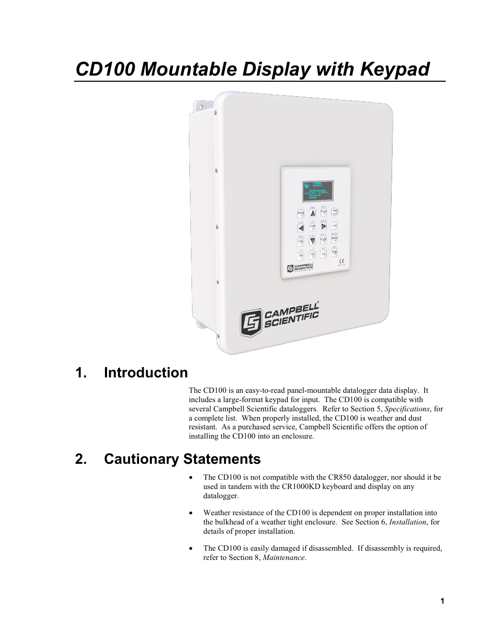 Introduction, Cautionary statements, Cd100 mountable display with keypad | Campbell Scientific CD100 Mountable Display with Keypad User Manual | Page 7 / 16