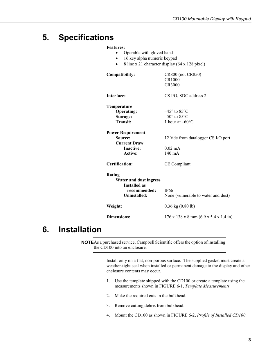 Specifications, Installation | Campbell Scientific CD100 Mountable Display with Keypad User Manual | Page 9 / 16