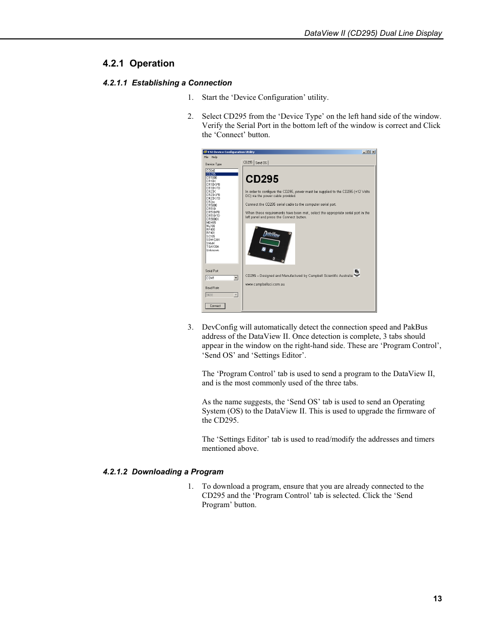 1 operation, 1 establishing a connection, 2 downloading a program | Campbell Scientific CD295 DataView II Dual Line Display User Manual | Page 17 / 36