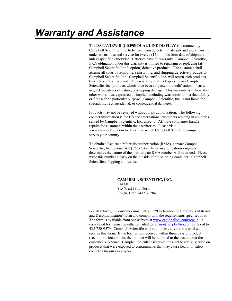 Warranty and assistance | Campbell Scientific CD295 DataView II Dual Line Display User Manual | Page 2 / 36