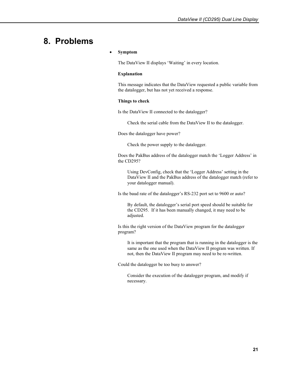 Problems | Campbell Scientific CD295 DataView II Dual Line Display User Manual | Page 25 / 36