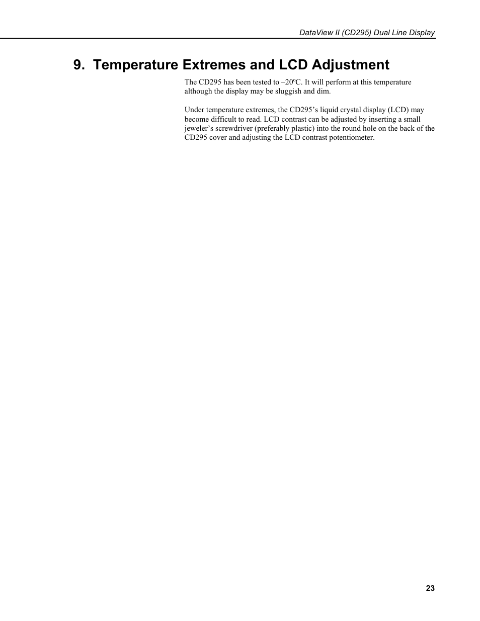 Temperature extremes and lcd adjustment | Campbell Scientific CD295 DataView II Dual Line Display User Manual | Page 27 / 36