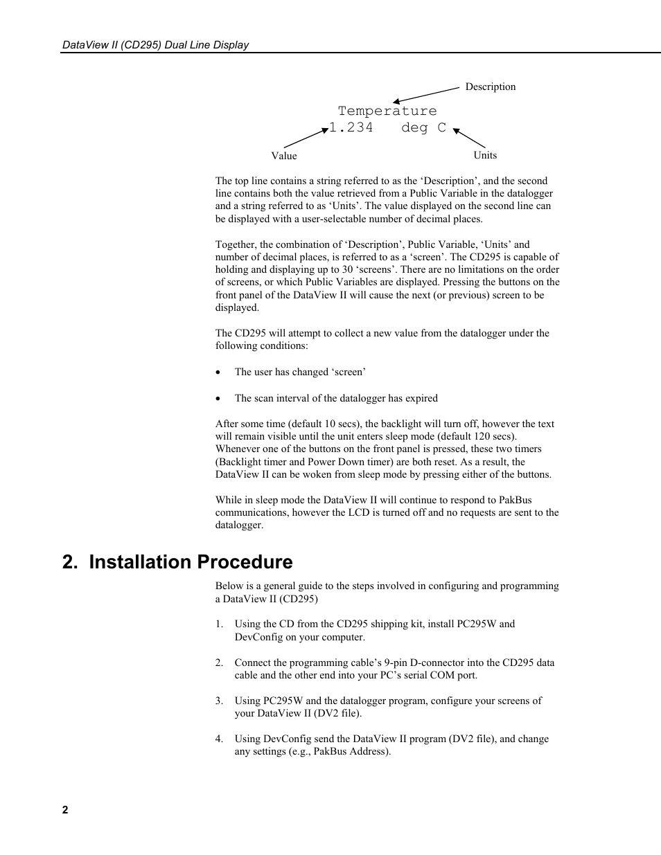 Installation procedure, Temperature 1.234 deg c | Campbell Scientific CD295 DataView II Dual Line Display User Manual | Page 6 / 36