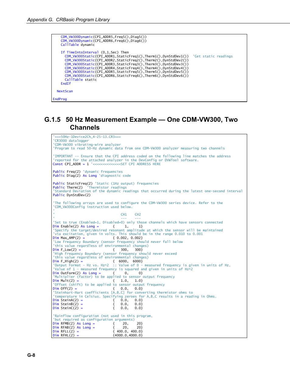 G.1.5, 50 hz measurement example — one cdm-vw300, two, Appendix g. crbasic program library | Campbell Scientific CDM-VW300 Series Dynamic Vibrating-Wire Analyzer System User Manual | Page 100 / 122