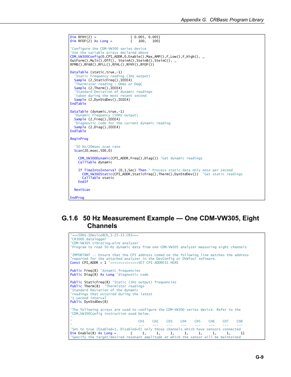 G.1.6, 50 hz measurement example — one cdm-vw305, eight, Appendix g. crbasic program library | Campbell Scientific CDM-VW300 Series Dynamic Vibrating-Wire Analyzer System User Manual | Page 101 / 122