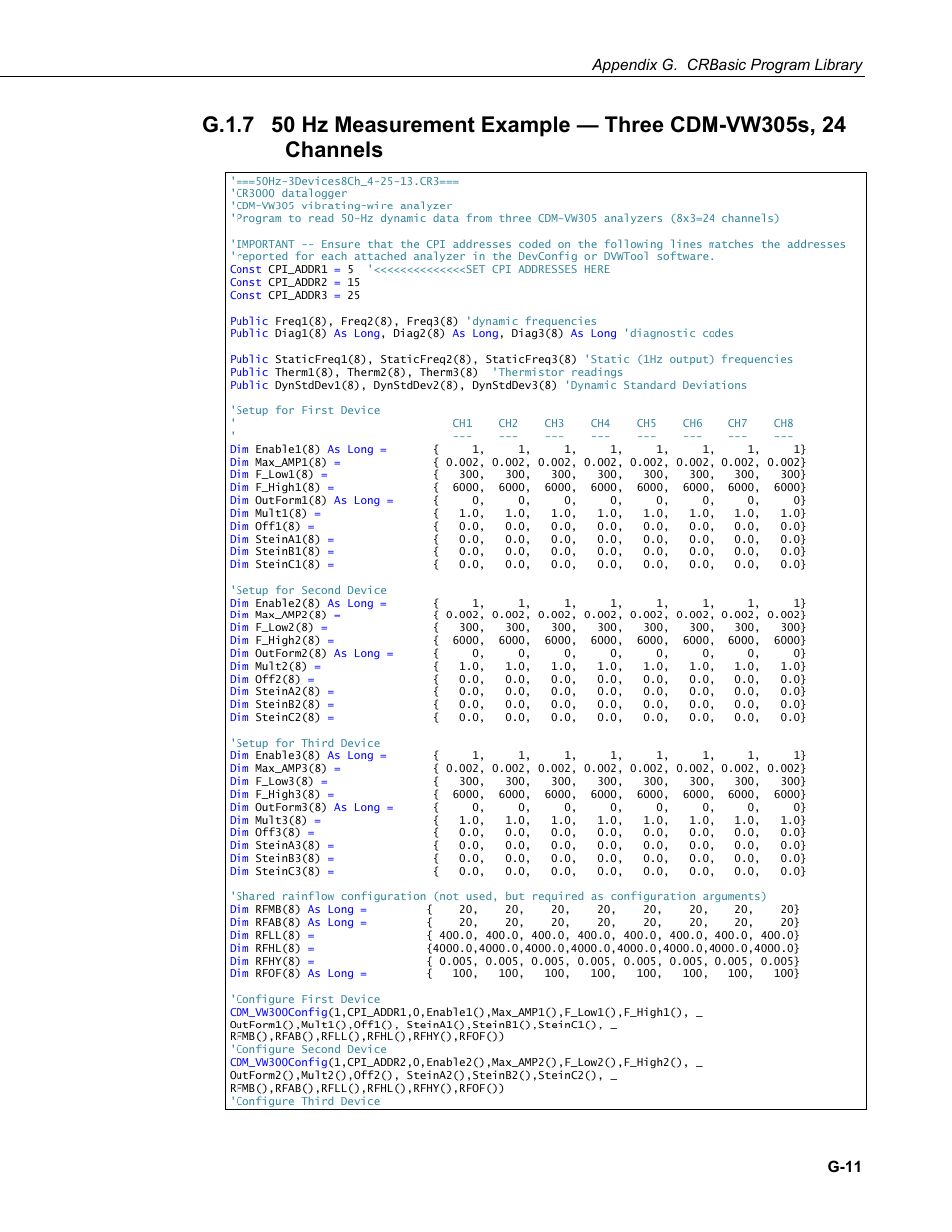 G.1.7, 50 hz measurement example — three cdm-vw305s, 24, Appendix g. crbasic program library | G-11 | Campbell Scientific CDM-VW300 Series Dynamic Vibrating-Wire Analyzer System User Manual | Page 103 / 122