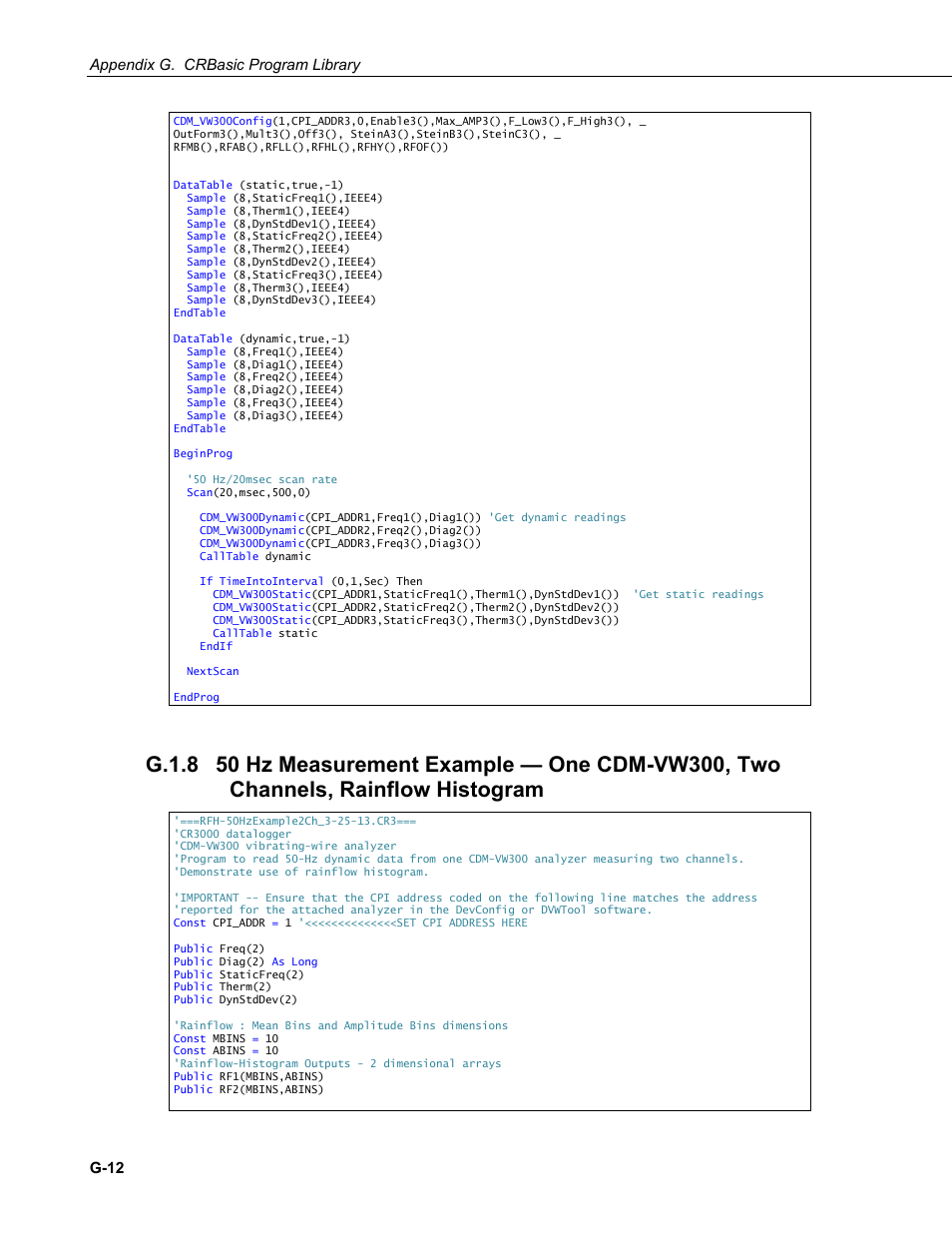 G.1.8, 50 hz measurement example — one cdm-vw300, two, Appendix g. crbasic program library | G-12 | Campbell Scientific CDM-VW300 Series Dynamic Vibrating-Wire Analyzer System User Manual | Page 104 / 122