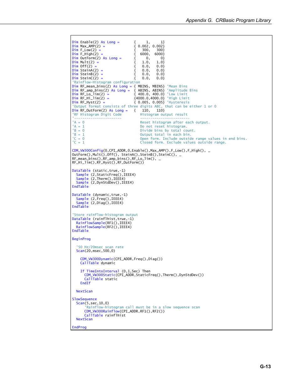 Appendix g. crbasic program library, G-13 | Campbell Scientific CDM-VW300 Series Dynamic Vibrating-Wire Analyzer System User Manual | Page 105 / 122