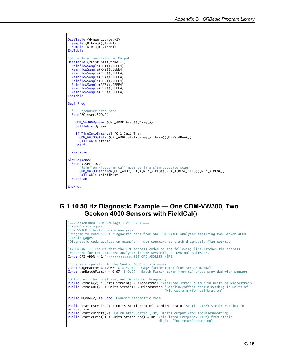 G.1.10, 50 hz diagnostic example — one cdm-vw300, two, Steina(8) | Appendix g. crbasic program library, G-15 | Campbell Scientific CDM-VW300 Series Dynamic Vibrating-Wire Analyzer System User Manual | Page 107 / 122