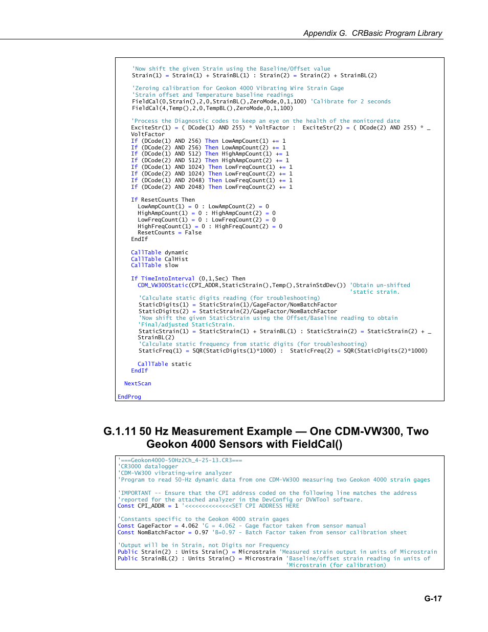 G.1.11, 50 hz measurement example — one cdm-vw300, two, Steinb(8) | Appendix g. crbasic program library, G-17 | Campbell Scientific CDM-VW300 Series Dynamic Vibrating-Wire Analyzer System User Manual | Page 109 / 122