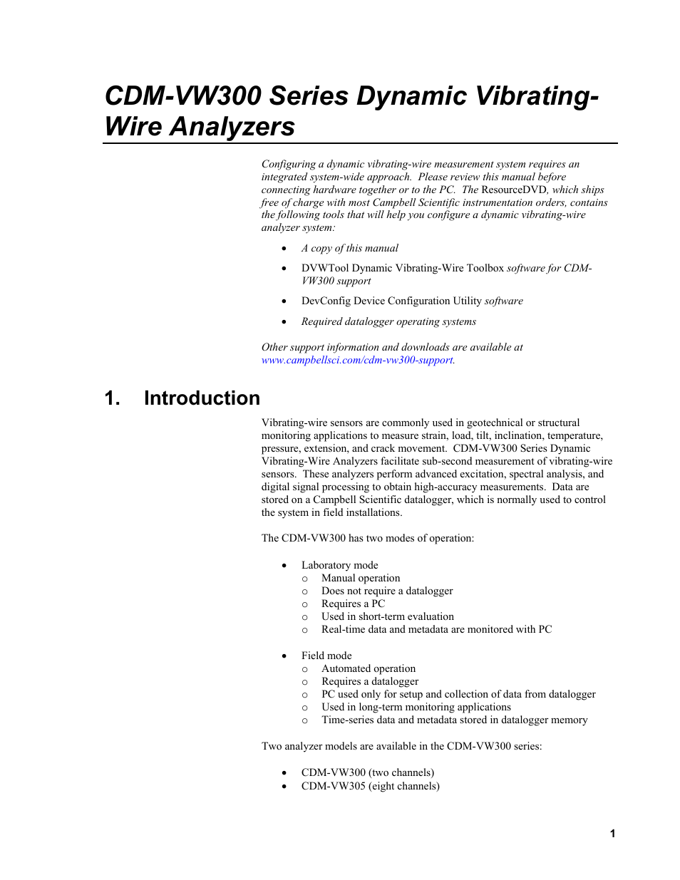 Introduction, Cdm-vw300 series dynamic vibrating- wire analyzers | Campbell Scientific CDM-VW300 Series Dynamic Vibrating-Wire Analyzer System User Manual | Page 11 / 122