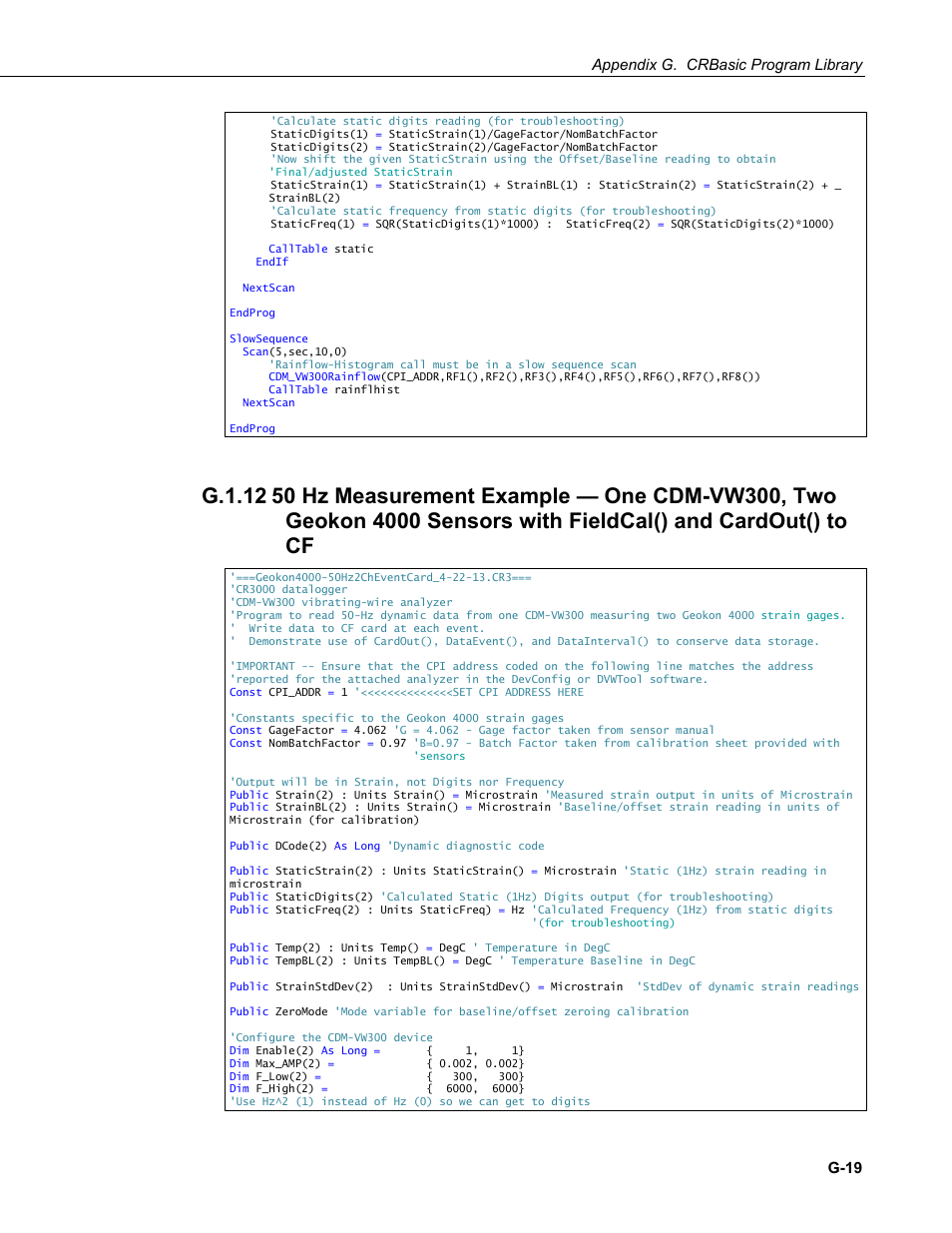 G.1.12, 50 hz measurement example — one cdm-vw300, two, Steinc(8) | Appendix g. crbasic program library, G-19 | Campbell Scientific CDM-VW300 Series Dynamic Vibrating-Wire Analyzer System User Manual | Page 111 / 122