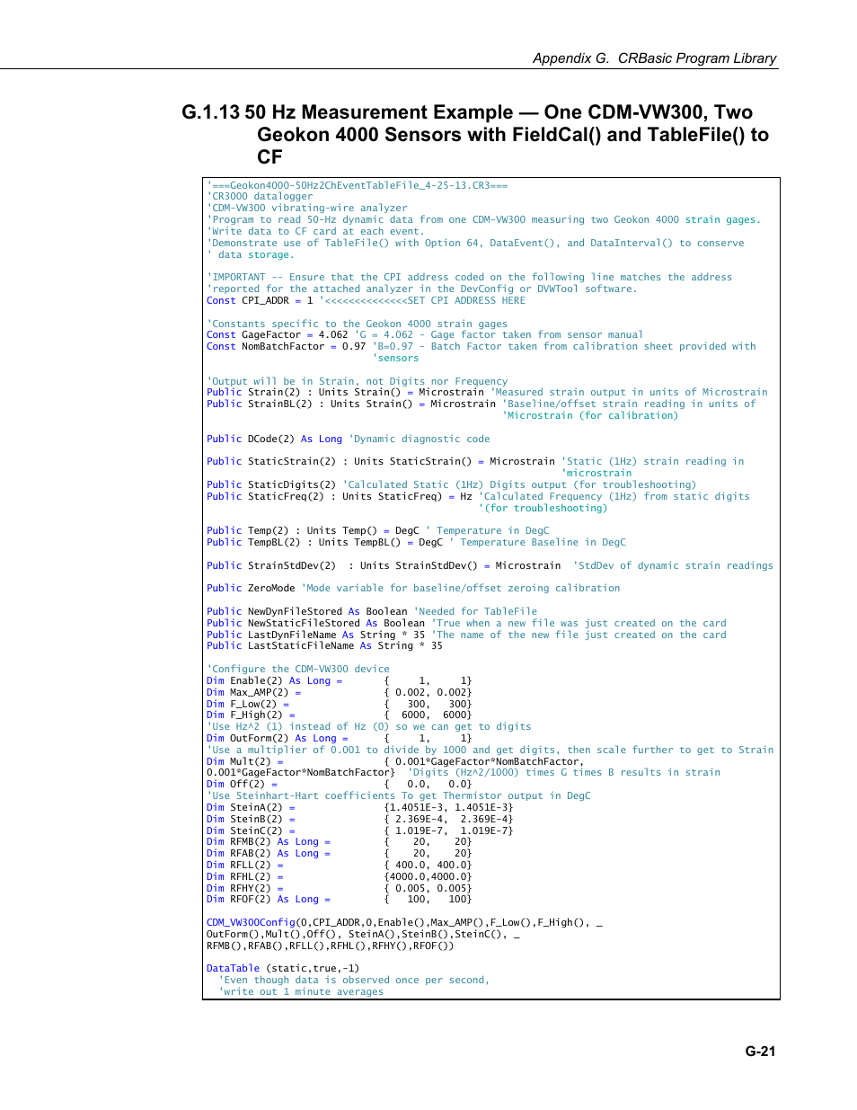 G.1.13, 50 hz measurement example — one cdm-vw300, two, Rainflow-histogram configuration | Appendix g. crbasic program library, G-21 | Campbell Scientific CDM-VW300 Series Dynamic Vibrating-Wire Analyzer System User Manual | Page 113 / 122