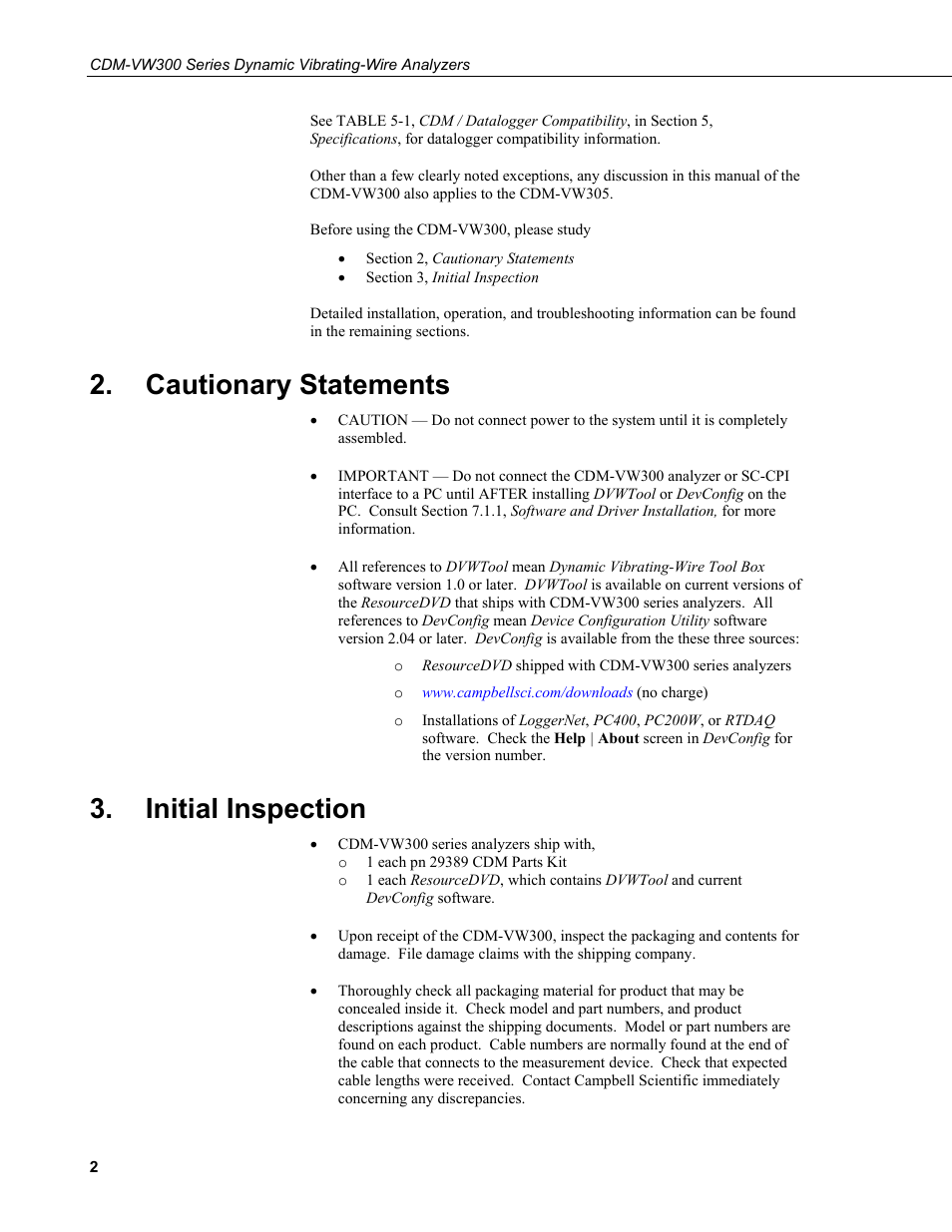 Cautionary statements, Initial inspection | Campbell Scientific CDM-VW300 Series Dynamic Vibrating-Wire Analyzer System User Manual | Page 12 / 122