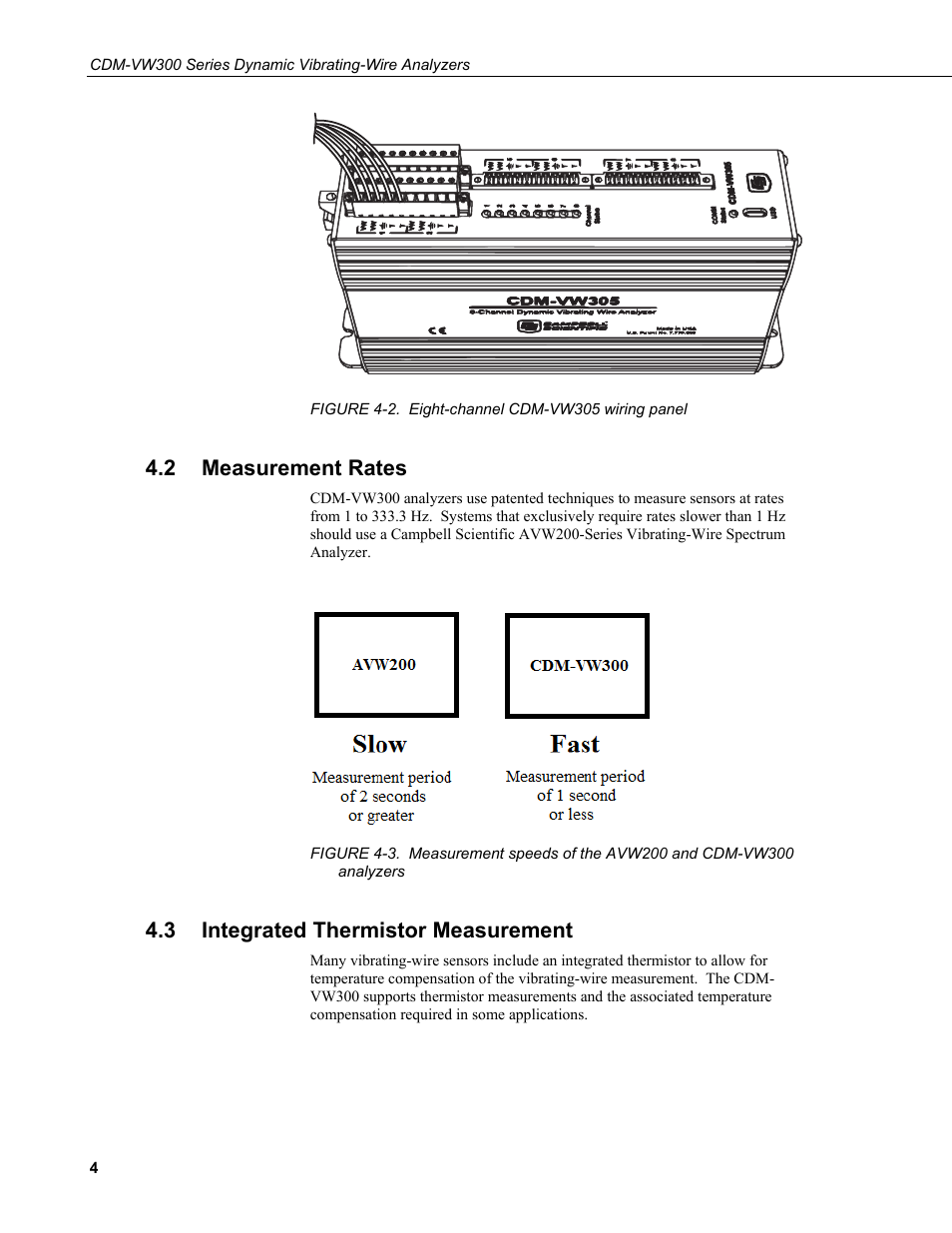 2 measurement rates, 3 integrated thermistor measurement, Measurement rates | Integrated thermistor measurement, 2. eight-channel cdm-vw305 wiring panel, Figure 4-2 show | Campbell Scientific CDM-VW300 Series Dynamic Vibrating-Wire Analyzer System User Manual | Page 14 / 122