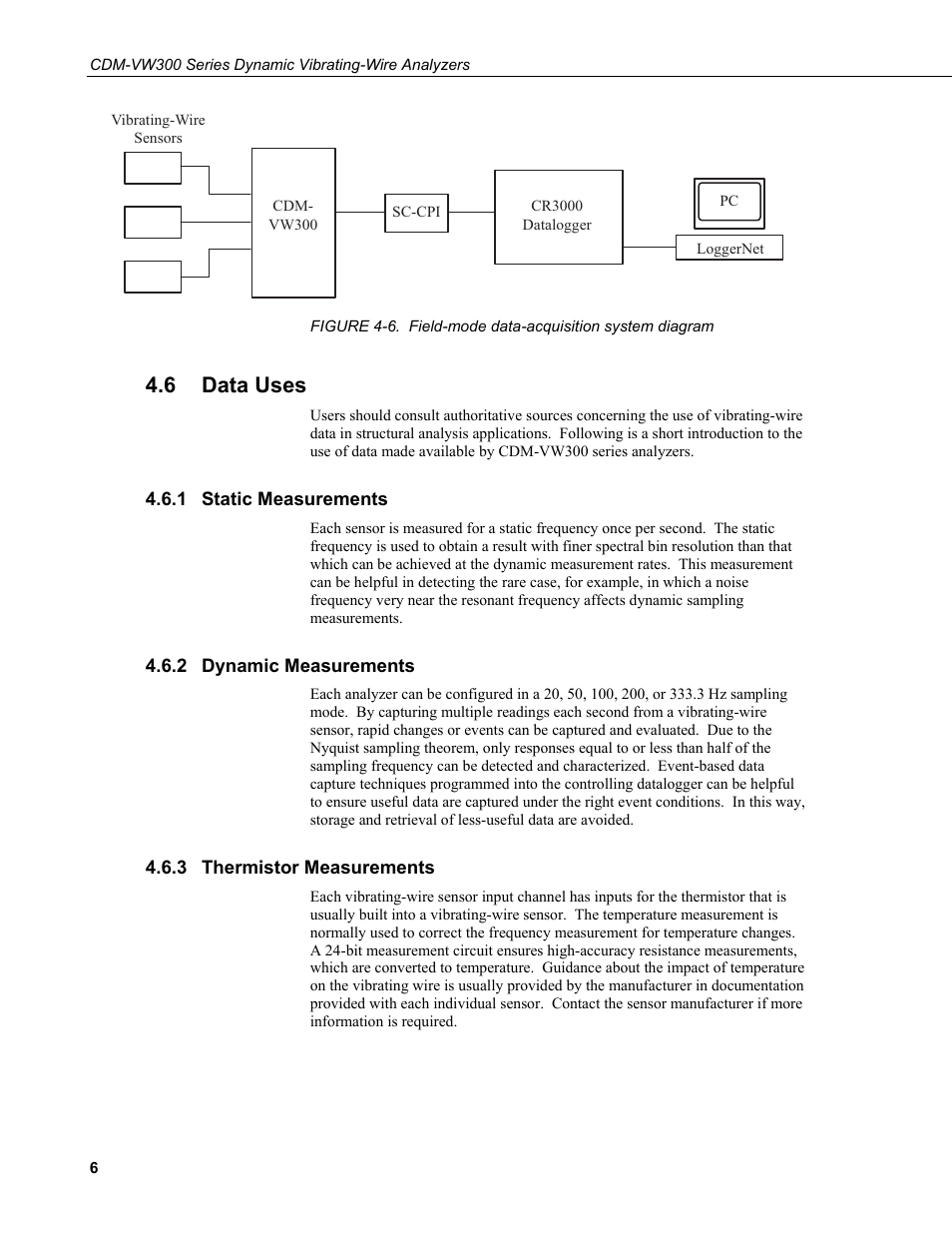 6 data uses, 1 static measurements, 2 dynamic measurements | 3 thermistor measurements, Data uses, Static measurements, Dynamic measurements, Thermistor measurements, 6. field-mode data-acquisition system diagram, Figure 4-6, a conn | Campbell Scientific CDM-VW300 Series Dynamic Vibrating-Wire Analyzer System User Manual | Page 16 / 122