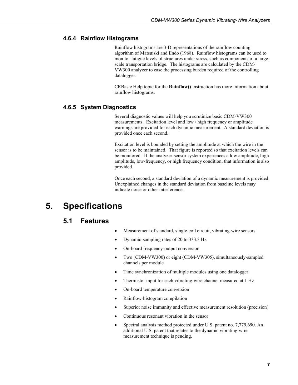 4 rainflow histograms, 5 system diagnostics, Specifications | 1 features, Rainflow histograms, System diagnostics, Features | Campbell Scientific CDM-VW300 Series Dynamic Vibrating-Wire Analyzer System User Manual | Page 17 / 122