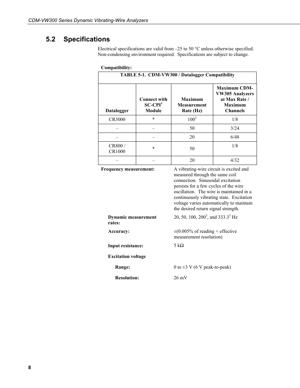 2 specifications, Specifications, 1. cdm-vw300 / datalogger compatibility | See table 5-1 | Campbell Scientific CDM-VW300 Series Dynamic Vibrating-Wire Analyzer System User Manual | Page 18 / 122