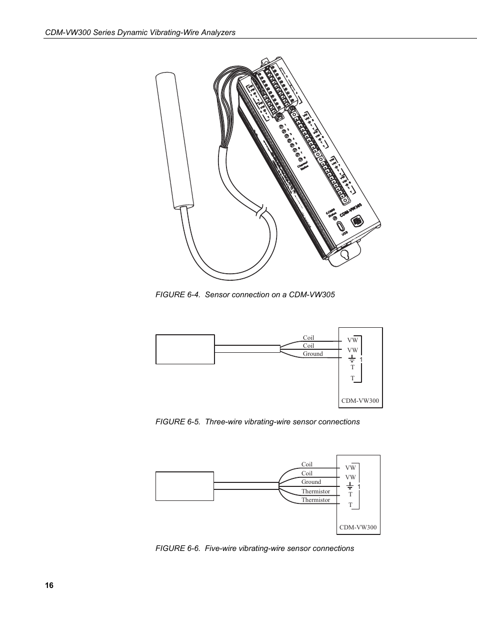 4. sensor connection on a cdm-vw305, 5. three-wire vibrating-wire sensor connections, 6. five-wire vibrating-wire sensor connections | Campbell Scientific CDM-VW300 Series Dynamic Vibrating-Wire Analyzer System User Manual | Page 26 / 122