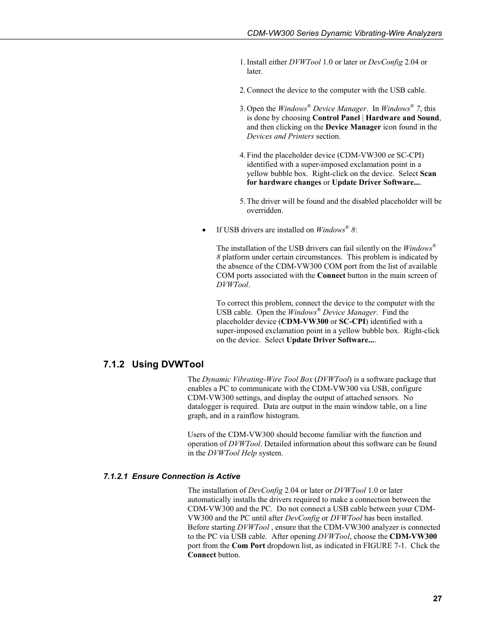 2 using dvwtool, 1 ensure connection is active, Using dvwtool | Ensure connection is active | Campbell Scientific CDM-VW300 Series Dynamic Vibrating-Wire Analyzer System User Manual | Page 37 / 122