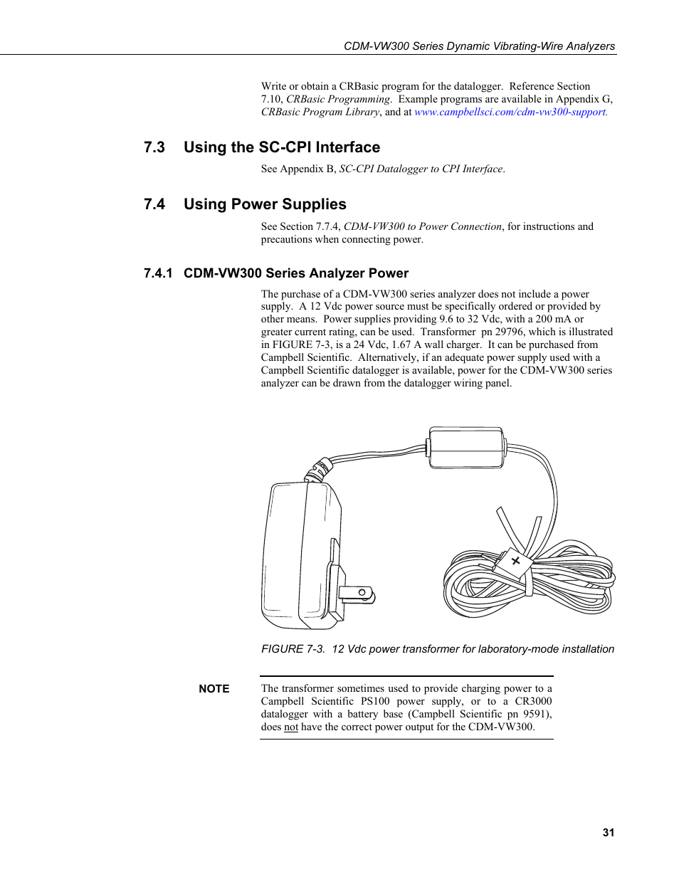 3 using the sc-cpi interface, 4 using power supplies, 1 cdm-vw300 series analyzer power | Using the sc-cpi interface, Using power supplies, Cdm-vw300 series analyzer power | Campbell Scientific CDM-VW300 Series Dynamic Vibrating-Wire Analyzer System User Manual | Page 41 / 122