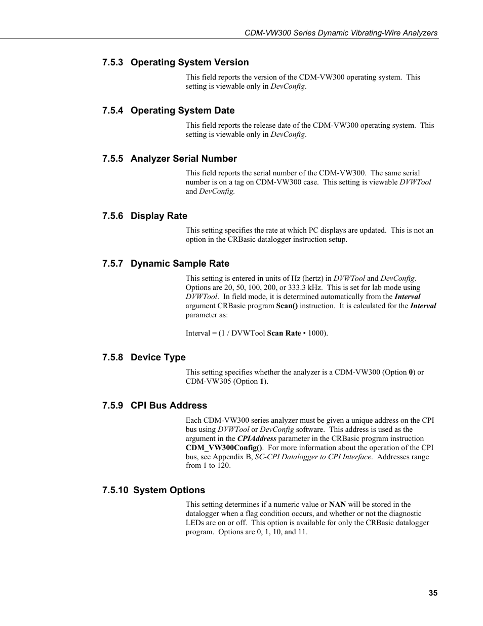 3 operating system version, 4 operating system date, 5 analyzer serial number | 6 display rate, 7 dynamic sample rate, 8 device type, 9 cpi bus address, 10 system options, Operating system version, Operating system date | Campbell Scientific CDM-VW300 Series Dynamic Vibrating-Wire Analyzer System User Manual | Page 45 / 122